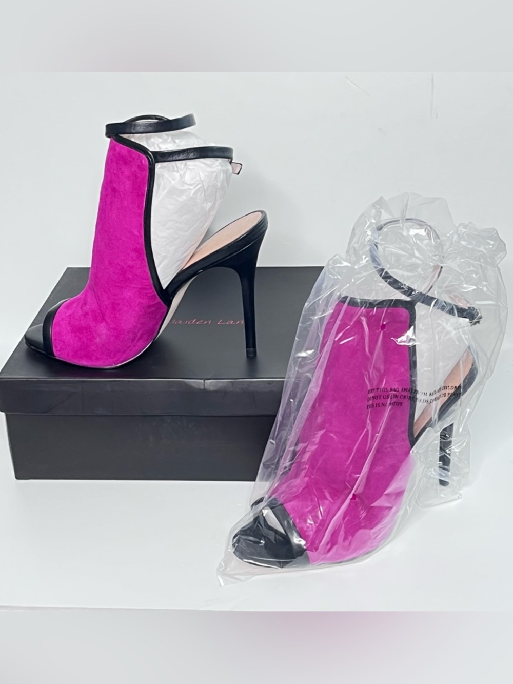 NWT Maiden Lane Harmony Peep 4½" Stilettos Fuchsia Suede Ankle Boots Black Trim